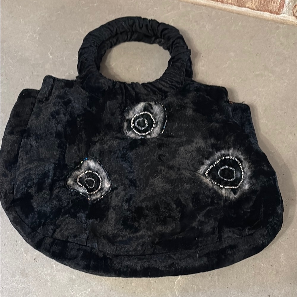 Black Velvet Mini Bag with Floral Accents